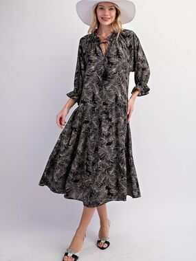 Easel PLUS Sizes Flutter Sleeve Black Leaf-Print Midi Dress